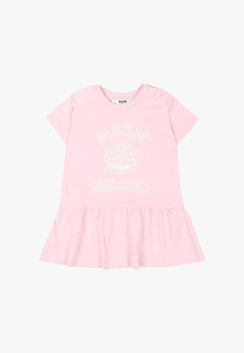 Roze korte mouw peuterjurk met gerimpelde zoom, wit MSGM Milano-logo en embleem op de voorkant, en twee drukknoopjes op de schouders.