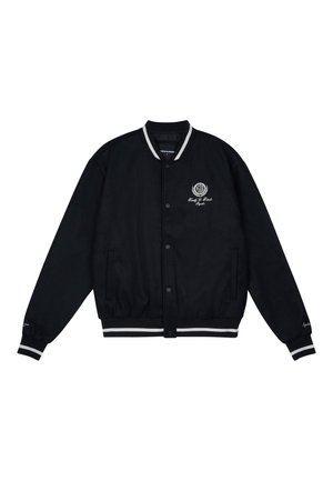 Schwarze Collegejacke mit kontrastierenden weißen gestreiften Kragen und Bündchen. Verfügt über ein gesticktes Logo auf der Brust und einen Knopfverschluss.