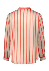 Long-sleeve shirt featuring a back view with vertical red and beige stripes, a collar, and buttoned cuffs, made from a smooth fabric.