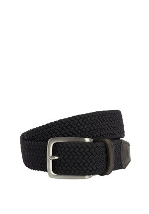 Black woven belt made of elastic material, featuring a silver rectangular buckle and a leather accent at the end.