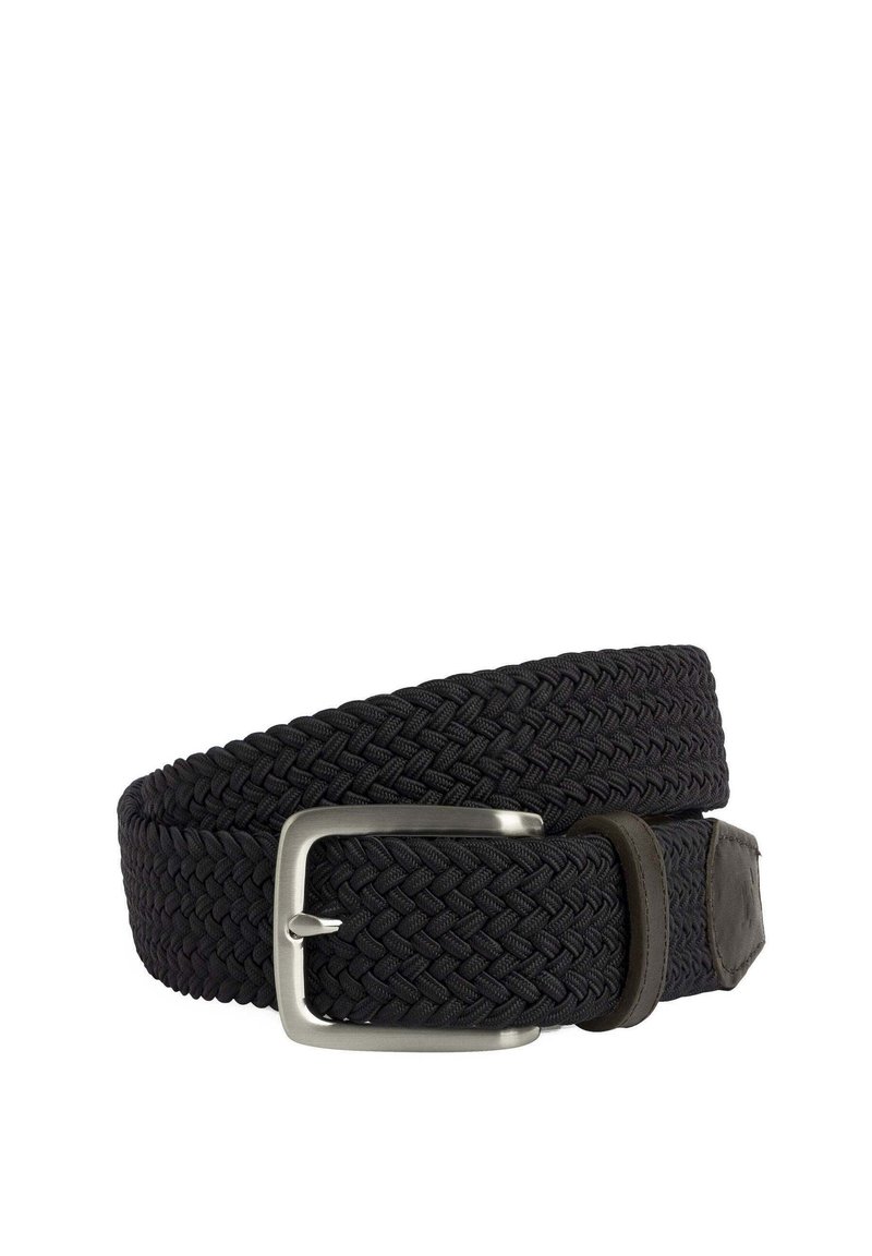 Cintura nera intrecciata realizzata in materiale elastico, con una fibbia rettangolare argentata e un dettaglio in pelle all'estremità.