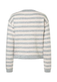 Weicher Strickpullover mit horizontalen hellgrauen und cremfarbenen Streifen, langen Ärmeln und weitem Rundhalsausschnitt, von hinten gezeigt.