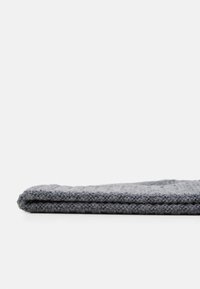 Gray knitted blanket, folded with a textured pattern and a soft finish, featuring a neat edge with no visible hardware or accents.