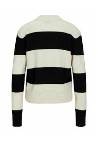 Schwarz-weißer gestreifter Pullover mit langen Ärmeln, rundem Kragen und gerippten Bündchen. Weiche Textur mit kontrastierenden horizontalen Streifen.