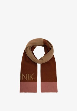 Dziane szalik w brązowe, beżowe i różowe paski. Złote akcenty tworzą słowo "INIK" po jednej stronie. Miękka tekstura i prostokątny kształt.