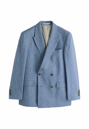 Light blue double-breasted blazer with notched lapels, two front flap pockets, chest pocket, and four-button cuffs.