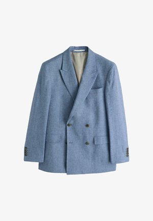 Light blue double-breasted blazer with notched lapels, two front flap pockets, chest pocket, and four-button cuffs.