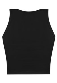 Schwarzes ärmelloses Crop-Top mit hohem Kragen und breiten Schulterträgern, von hinten gezeigt.