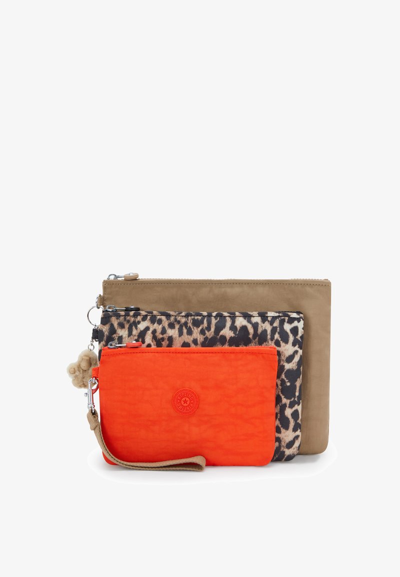 Three zippered pouches in orange, leopard print, and tan, stacked with keychain and wrist strap on white background.
