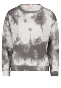 Sudadera con estampado de tie-dye en gris y blanco, con cuello redondo, mangas largas y puños acanalados. Tejido suave y corte relajado.