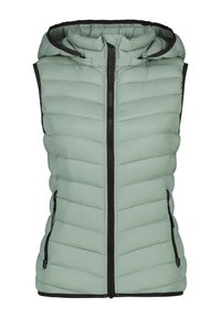 Gilet verde chiaro imbottito con cappuccio, design trapuntato orizzontale, zip frontale e dettagli neri. Dotato di tasche laterali e una vestibilità aderente.