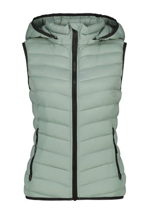 Lichtgroene, gewatteerde vest met een capuchon, horizontale quiltontwerpen, voorrits en zwarte accenten. Voorzien van zijzakken en een getailleerde pasvorm.