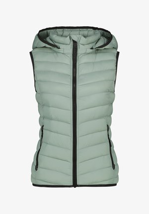 Hellgrüne, gepolsterte Weste mit Kapuze, horizontal gestepptem Design, Frontreißverschluss und schwarzen Akzenten. Verfügt über seitliche Taschen und eine taillierte Passform.