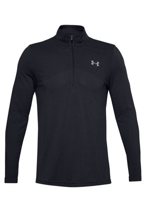 Czarna sportowa bluza z długim rękawem, zapinana na suwak do ćwiartki, z logo Under Armour na lewej piersi.
