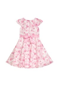 Rosa geblümtes Kleid mit kurzen Ärmeln, einer Schleife an der Taille und einem ausgestellten Rock. Hergestellt aus leichtem Stoff mit glatter Textur.