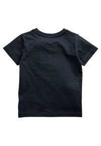 Dunkelblaues Kinder-T-Shirt, kurze Ärmel, runder Halsausschnitt, aus weicher Baumwolle, mit glatter Textur und ohne sichtbare Muster oder Designs.