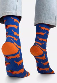 Niebieskie skarpetki z pomarańczowym wzorem w jamniki, z kontrastującymi pomarańczowymi częściami pięty i palców. Materiał mieszanka bawełny, średnia grubość.