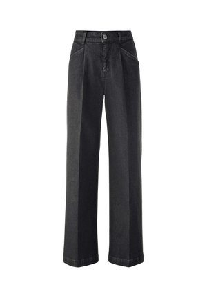 Schwarze Denim-Jeans mit weitem Bein und hoher Taille, ausgestattet mit vorderen Falten, Knopfverschluss und schrägen Seitentaschen. Weiche Textur.