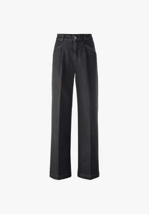 Zwarte denim jeans met wijde pijpen en een hoge taille, voorzien van plooien aan de voorkant, knoopsluiting en schuin geplaatste zakken. Soepele textuur.