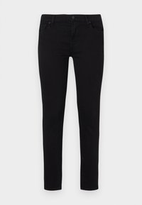 Pantalones de mezclilla negros con corte ajustado. Las características incluyen una cremallera en la parte delantera, cinco bolsillos y costuras mínimas. El material tiene una textura suave.
