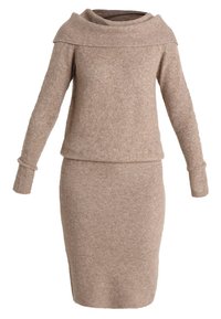 Robe-pull beige en maille avec un large décolleté bardot côtelé, des manches longues et une silhouette ajustée style crayon. Texture lisse.