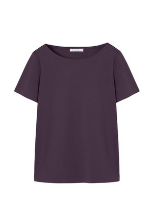 Plain dark purple short-sleeve T-shirt with round neckline, displayed flat against a white background.