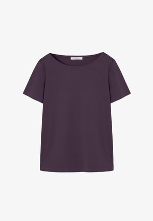 Camiseta lisa de manga corta color púrpura oscuro con cuello redondo, mostrada extendida sobre un fondo blanco.