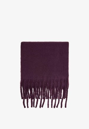 Lila kötött sál rojtos élekkel, puha anyagból készült, sima textúrával és egységes színnel.