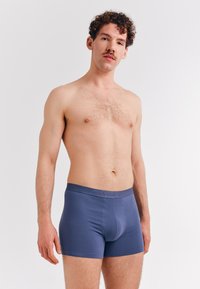 Men's blue boxer briefs made of cotton. Features a soft waistband with subtle branding. Smooth texture and fitted shape.