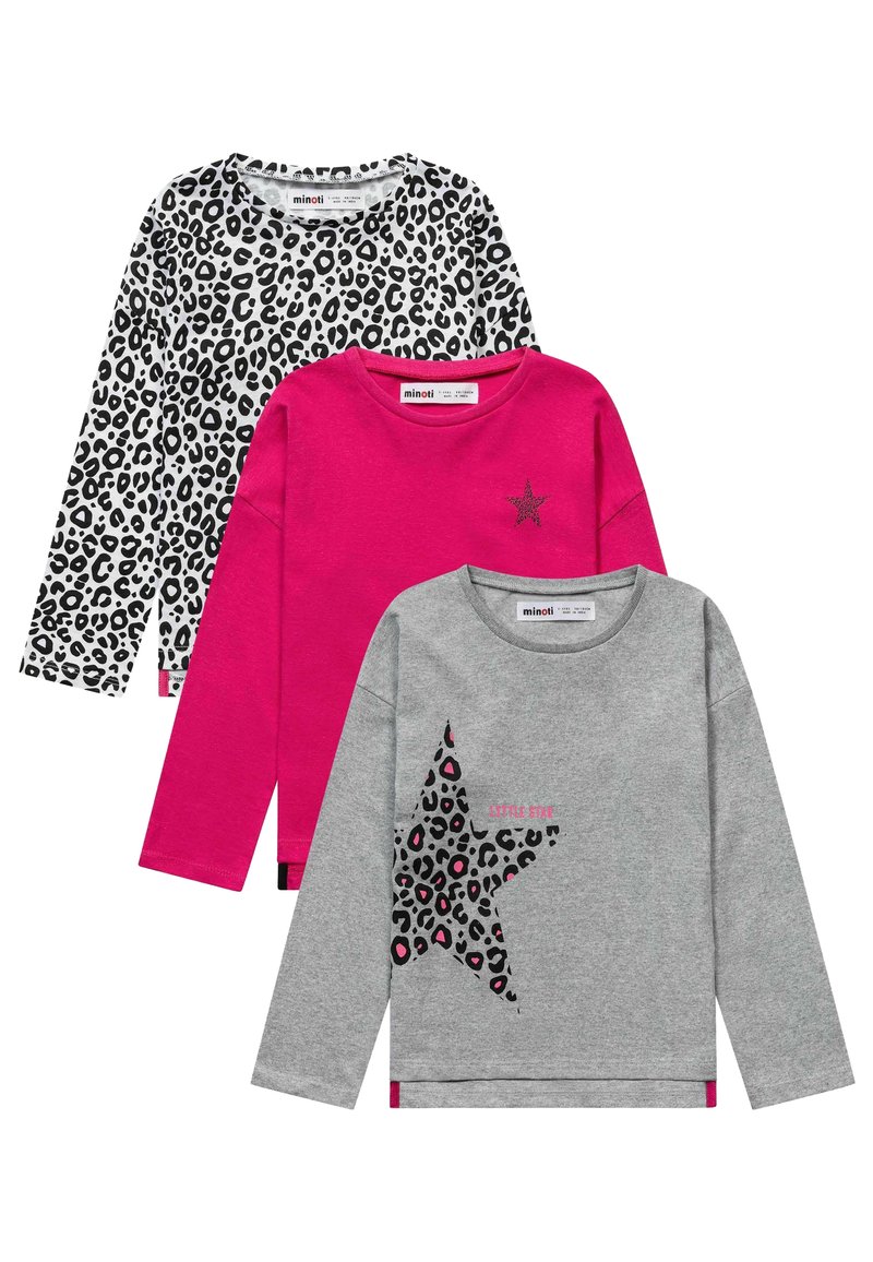 Drei Langarmhemden: eines mit schwarzem/weißen Leopardenmuster, eines in leuchtendem Pink mit einem Stern, eines grau mit einem Leopardenstern und Text.