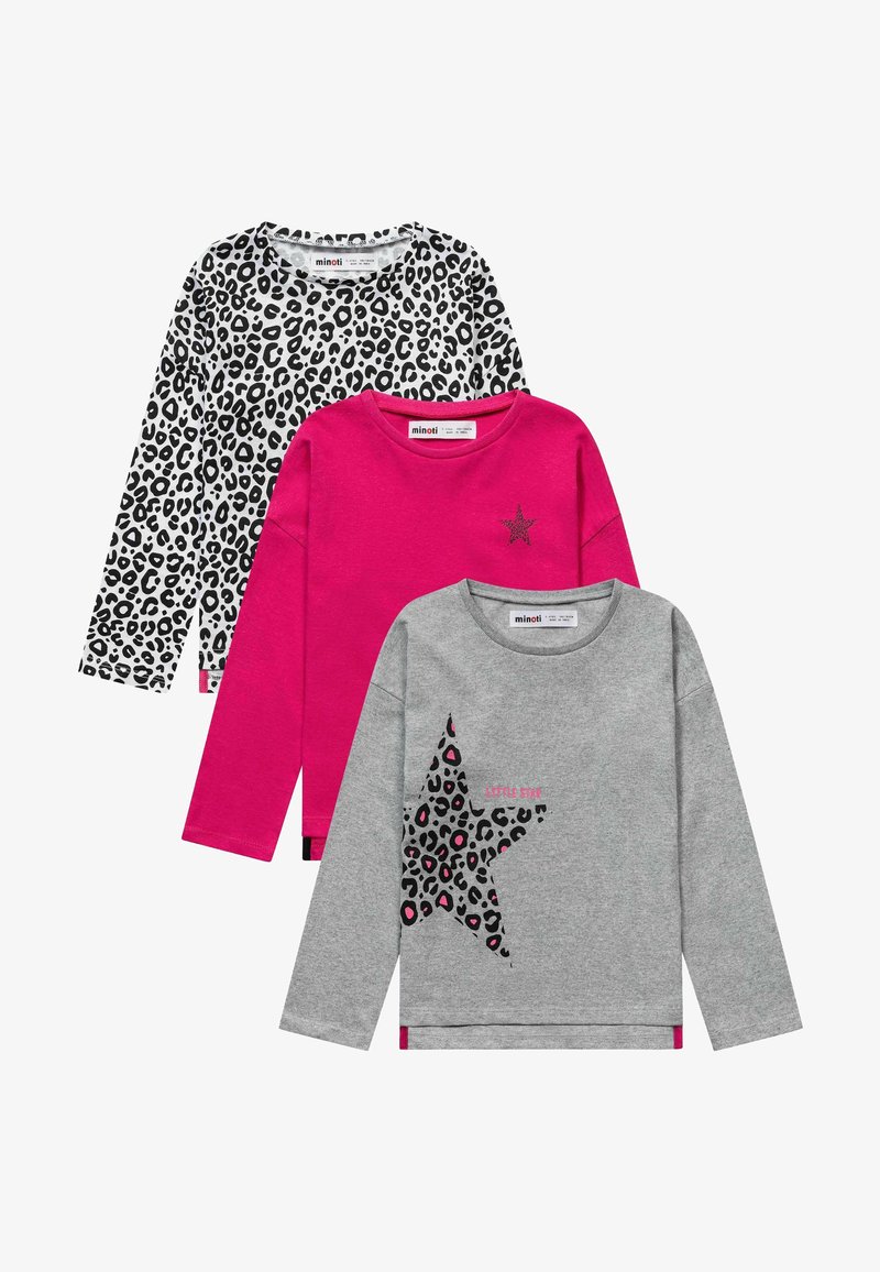 Tre langærmede skjorter: en sort/hvid leopardprint, en lys pink med en stjerne, en grå med en leopardprint-stjerne og tekst.