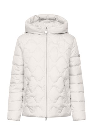 Biała, pikowana kurtka puchowa z kapturem; posiada zamek błyskawiczny z przodu oraz kieszenie po bokach; gładka tekstura i zaokrąglone szwy.
