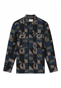 Woven button-up shirt with a geometric pattern in shades of black, gray, and blue; features two chest pockets and a collar.