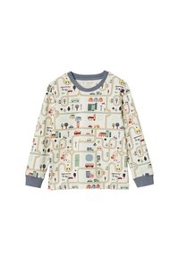 Children's long-sleeve shirt with roads, cars, buildings, trees, and traffic lights in a colorful city map pattern and gray cuffs and neckline.