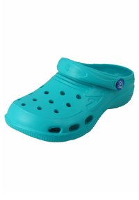 Turquoise clogs made of lightweight plastic, featuring ventilation holes, a back strap, and a textured sole for grip.
