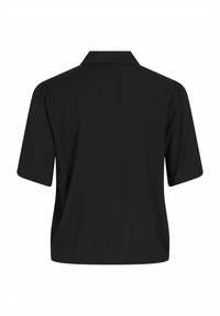 Black short-sleeve shirt with a collar, featuring a relaxed fit and smooth texture. Minimalist design, no visible patterns or accents.