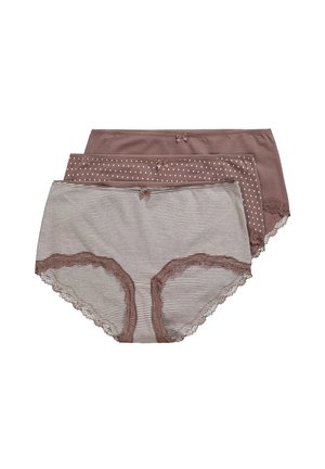 Ensemble de trois culottes pour femmes. Comprend des modèles rayés, à pois et unis dans des tons de marron, avec des finitions en dentelle et de petits nœuds décoratifs.