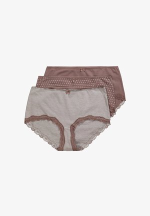 Conjunto de tres panties para mujer. Incluye diseños a rayas, de lunares y lisos en tonos marrones con encaje y pequeños lazos decorativos.