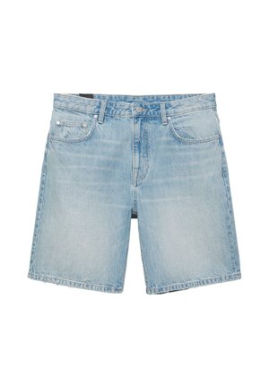Lichtblauwe denim korte broek met voorzakken, taillebandlussen, knoopsluiting en een licht versleten textuur.