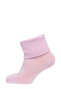 Rosa strumpa med ribbat skaft, ankellängd, mjuk textur och enfärgad design. Inga synliga logotyper eller dekorativa detaljer.