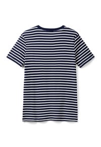 Niebiesko-biała koszulka z krótkim rękawem, okrągłym dekoltem i luźnym krojem, wykonana z miękkiej bawełny.