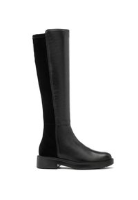 Svarta knähöga stövlar i slätt läder med matt finish. Har en platt sula och en slank, åtsittande skaftdesign.