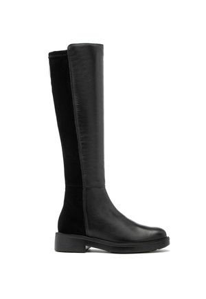Black knee-high boots made from smooth leather with a matte finish. Features a flat sole and a sleek, fitted shaft design.