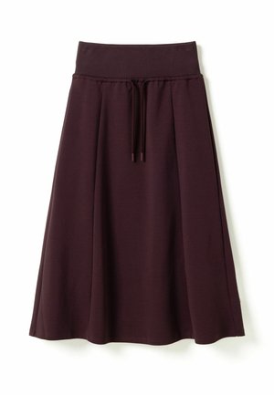 Jupe violette foncée longueur genou avec taille élastique et cordon, légèrement évasée en bas, présentée sur fond blanc.