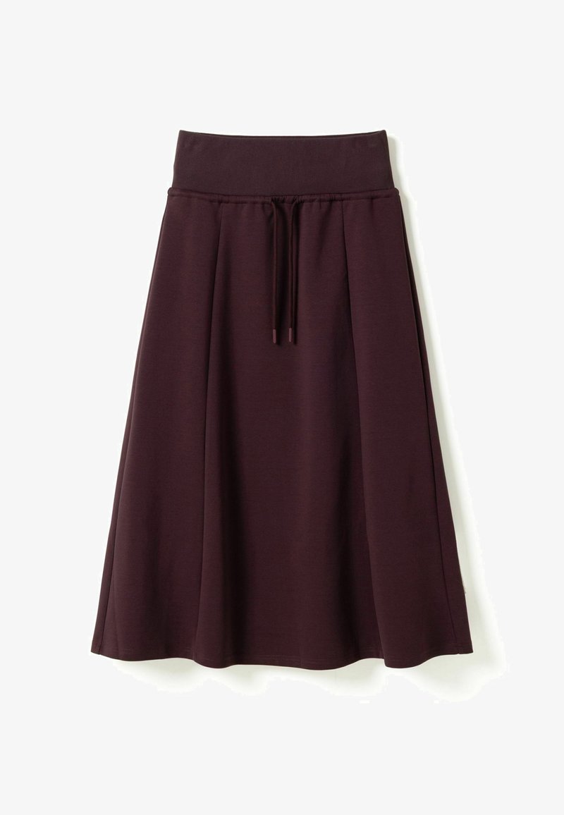 Jupe violette foncée longueur genou avec taille élastique et cordon, légèrement évasée en bas, présentée sur fond blanc.