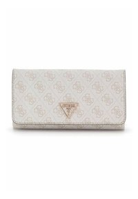Portefeuille beige clair en matériau synthétique texturé, avec un motif logo, un accent de logo triangulaire et une fermeture à pression.
