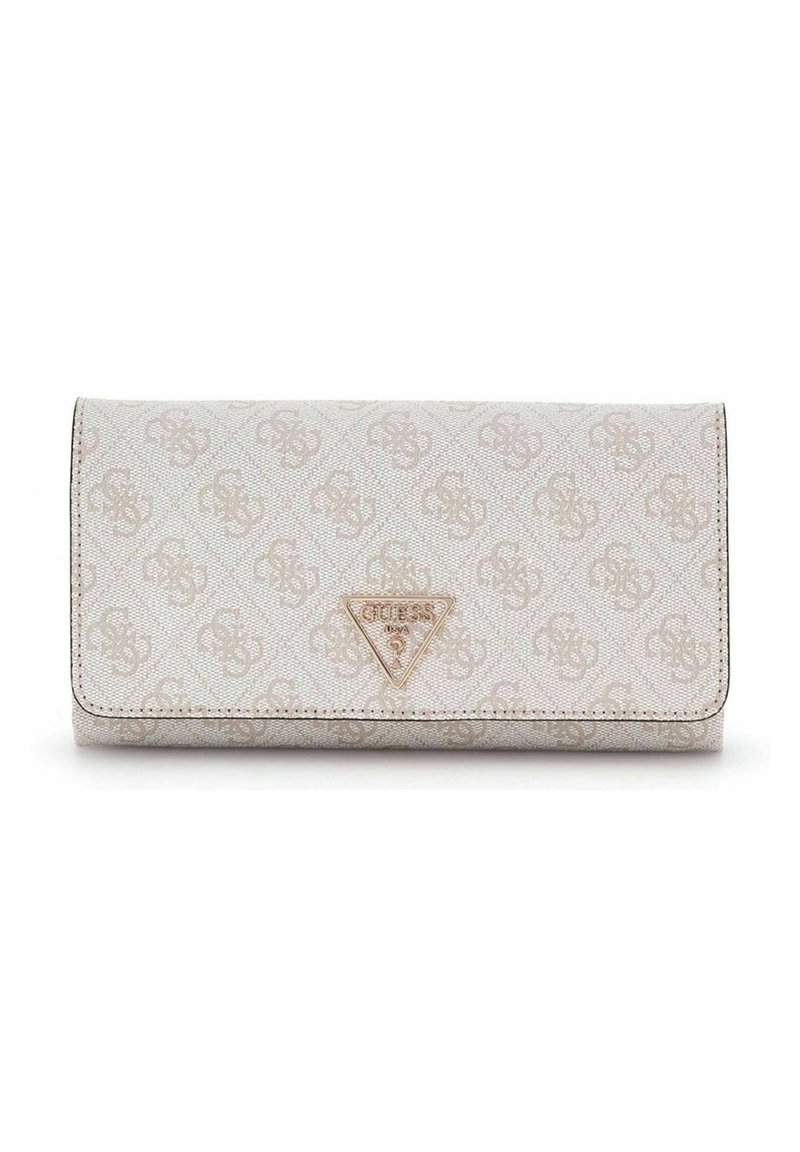Portefeuille beige clair en matériau synthétique texturé, avec un motif logo, un accent de logo triangulaire et une fermeture à pression.