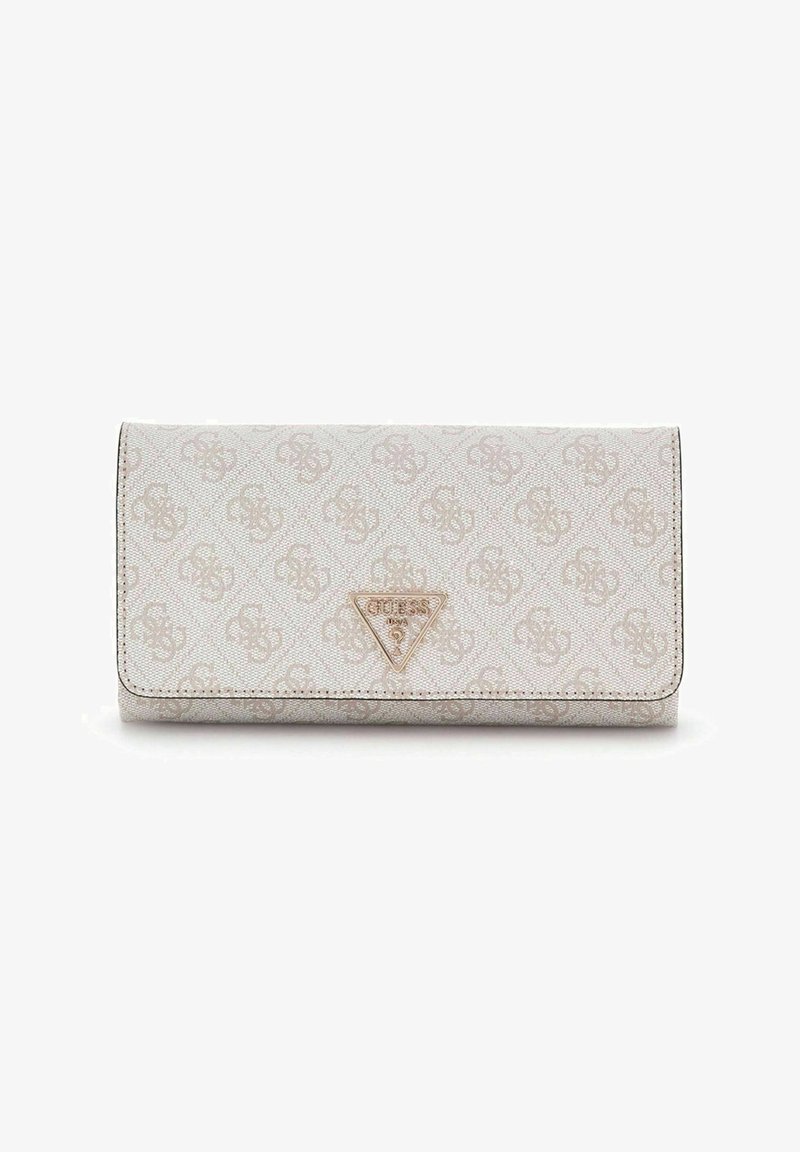 Portefeuille beige clair en matériau synthétique texturé, avec un motif logo, un accent de logo triangulaire et une fermeture à pression.