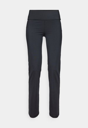 Melnas sporta legingi ar plašu, gludu jostu. Izgatavoti no elastīga auduma, ar elegantu, sašaurinātu dizainu un bez redzamām rakstām.