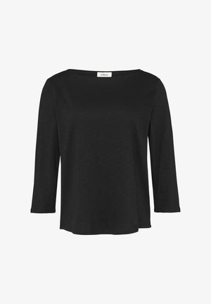 Čierny top s dlhými rukávmi, zaobleným výstrihom a voľným strihom. Vyrobený z hladkej, ľahkej látky s jemným leskom.